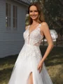 A-line V-neck Appliques Lace Chapel Train Tulle Wedding Dress