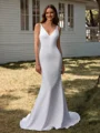 Sheath V-neck Court Train Stretch Crepe Wedding Dress