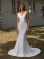 Sheath V-neck Appliques Lace Court Train Stretch Crepe Wedding Dress