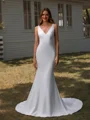 Sheath V-neck Appliques Lace Court Train Stretch Crepe Wedding Dress