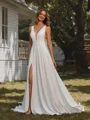 A-line V-neck Sweep Train Chiffon Wedding Dress