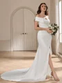 Sheath Off-the-Shoulder Pleated Cathedral Train Charmeuse Corset Wedding Dress