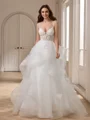 Ball-Gown V-neck Appliques Lace Sweep Train Tulle Wedding Dress