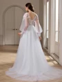 A-line V-neck Long Sleeves Appliques Lace Court Train Tulle Wedding Dress