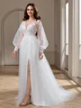 A-line V-neck Long Sleeves Appliques Lace Court Train Tulle Wedding Dress