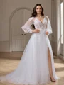 A-line V-neck Long Sleeves Appliques Lace Court Train Tulle Wedding Dress