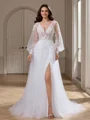 A-line V-neck Long Sleeves Appliques Lace Court Train Tulle Wedding Dress