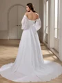 A-line Off-the-Shoulder Long Sleeves Pleated Court Train Chiffon Wedding Dress
