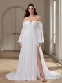 A-line Off-the-Shoulder Long Sleeves Pleated Court Train Chiffon Wedding Dress