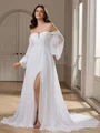 A-line Off-the-Shoulder Long Sleeves Pleated Court Train Chiffon Wedding Dress