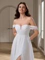 A-line Off-the-Shoulder Long Sleeves Pleated Court Train Chiffon Wedding Dress