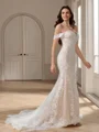 Sheath Off-the-Shoulder Appliques Lace Chapel Train Lace Wedding Dress