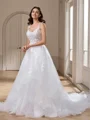 Ball-Gown V-neck Appliques Lace Cathedral Train Tulle Wedding Dress