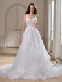 Ball-Gown V-neck Appliques Lace Cathedral Train Tulle Wedding Dress