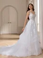 Ball-Gown V-neck Appliques Lace Cathedral Train Tulle Wedding Dress