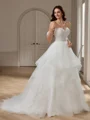 Ball-Gown Off-the-Shoulder Cascading Ruffles Court Train Tulle Corset Wedding Dress