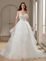 Ball-Gown Off-the-Shoulder Cascading Ruffles Court Train Tulle Corset Wedding Dress