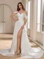 A-line Cold Shoulder Pleated Court Train Charmeuse Wedding Dress