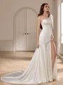 Sheath One-Shoulder Bow Chapel Train Charmeuse Wedding Dress