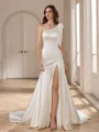 Sheath One-Shoulder Bow Chapel Train Charmeuse Wedding Dress