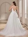 A-line V-neck Appliques Lace Court Train Tulle Wedding Dress