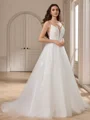 A-line V-neck Appliques Lace Court Train Tulle Wedding Dress