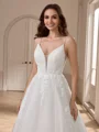 A-line V-neck Appliques Lace Court Train Tulle Wedding Dress