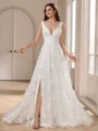 A-line V-neck Appliques Lace Court Train Lace Wedding Dress