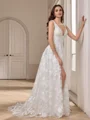 A-line V-neck Appliques Lace Court Train Lace Wedding Dress