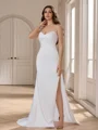 Sheath Spaghetti Straps Pleated Sweep Train Charmeuse Wedding Dress