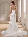 Sheath Spaghetti Straps Pleated Chapel Train Silk Like Satin Wedding Dress