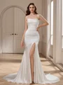 Sheath Spaghetti Straps Pleated Chapel Train Silk Like Satin Wedding Dress