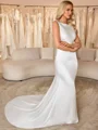 Sheath Scoop Pleated Chapel Train Satin Chiffon Wedding Dress