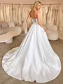 A-line Straight Pleated Sweep Train Satin Corset Wedding Dress