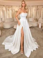 A-line Straight Pleated Sweep Train Satin Corset Wedding Dress