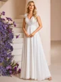 A-line V-neck Short Sleeves Appliques Lace Floor-Length Chiffon Wedding Dress
