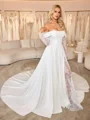 A-line Off-the-Shoulder Appliques Lace Chapel Train Stretch Crepe Corset Wedding Dress