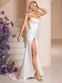 Sheath Straight Pleated Sweep Train Satin Corset Wedding Dress