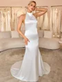 Sheath Halter Court Train Silk Like Satin Wedding Dress