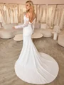 Sheath Spaghetti Straps Long Sleeves Pleated Court Train Stretch Crepe Wedding Dress