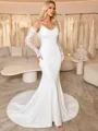 Sheath Spaghetti Straps Long Sleeves Pleated Court Train Stretch Crepe Wedding Dress