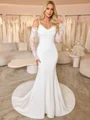 Sheath Spaghetti Straps Long Sleeves Pleated Court Train Stretch Crepe Wedding Dress