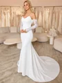 Sheath Spaghetti Straps Long Sleeves Pleated Court Train Stretch Crepe Wedding Dress