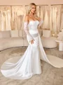 Sheath Straight Long Sleeves Appliques Lace Chapel Train Silk Like Satin Corset Wedding Dress