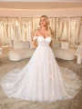 A-line Off-the-Shoulder Appliques Lace Cathedral Train Tulle Corset Wedding Dress