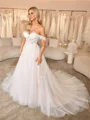 A-line Off-the-Shoulder Appliques Lace Cathedral Train Tulle Corset Wedding Dress