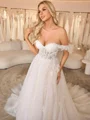 A-line Off-the-Shoulder Appliques Lace Cathedral Train Tulle Corset Wedding Dress