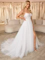 A-line Spaghetti Straps Appliques Lace Chapel Train Tulle Corset Wedding Dress