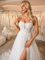 A-line Spaghetti Straps Appliques Lace Chapel Train Tulle Corset Wedding Dress
