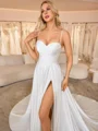 A-line Spaghetti Straps Pleated Chapel Train Satin Chiffon Corset Wedding Dress